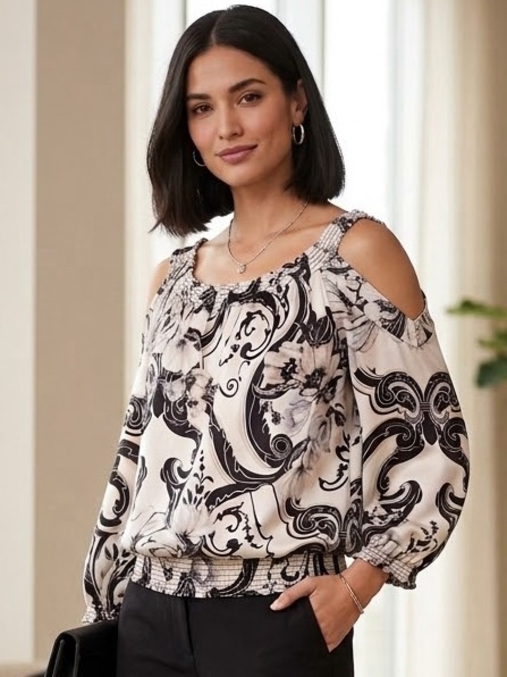 White House Black Market Black & Cream Cold-Shoulder Blouse
